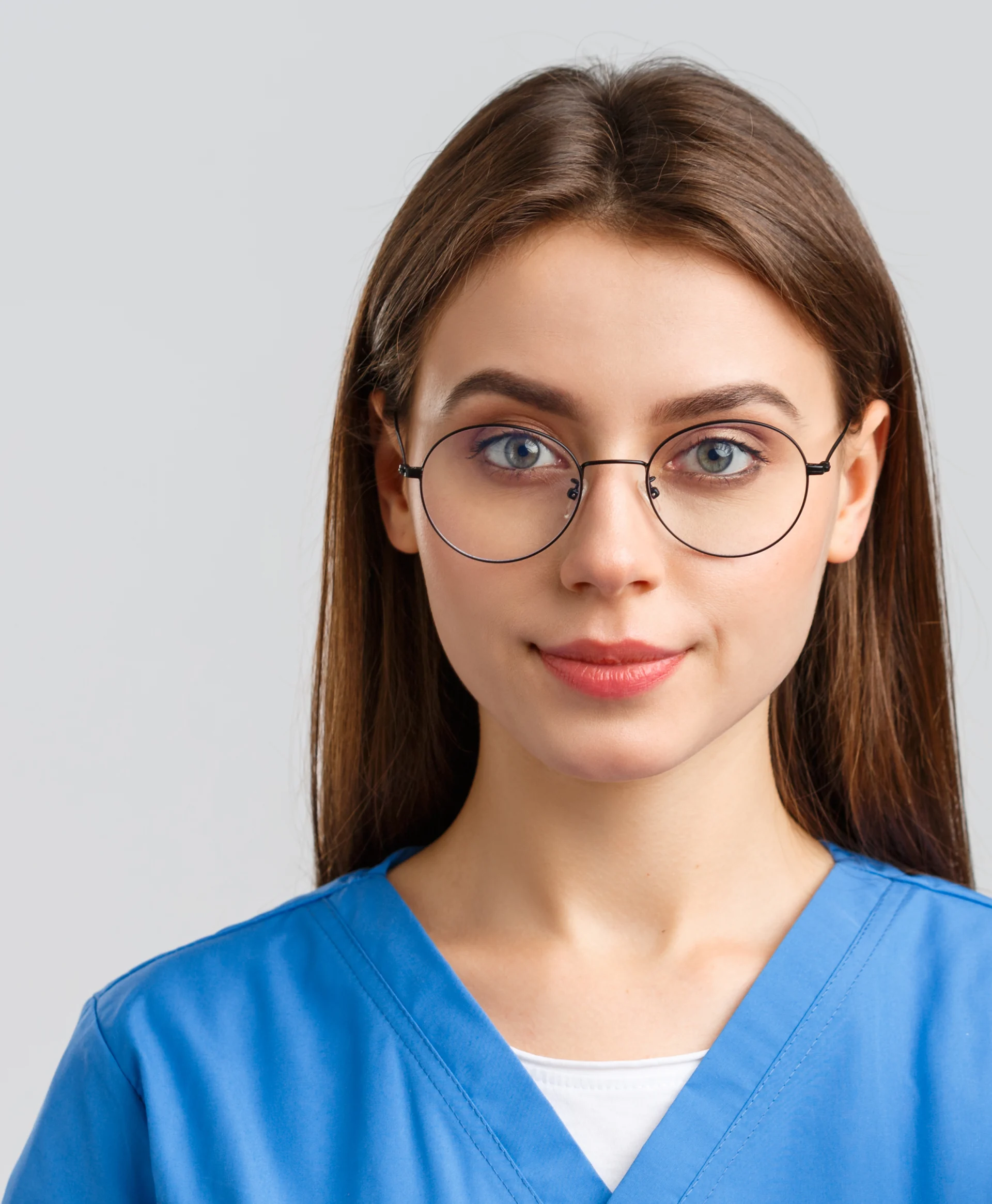 Healthcare workers medicine insurance covid19 pandemic concept closeup supportive confident female nurse doctor blue scrubs glasses show approval thumbsup guarantee